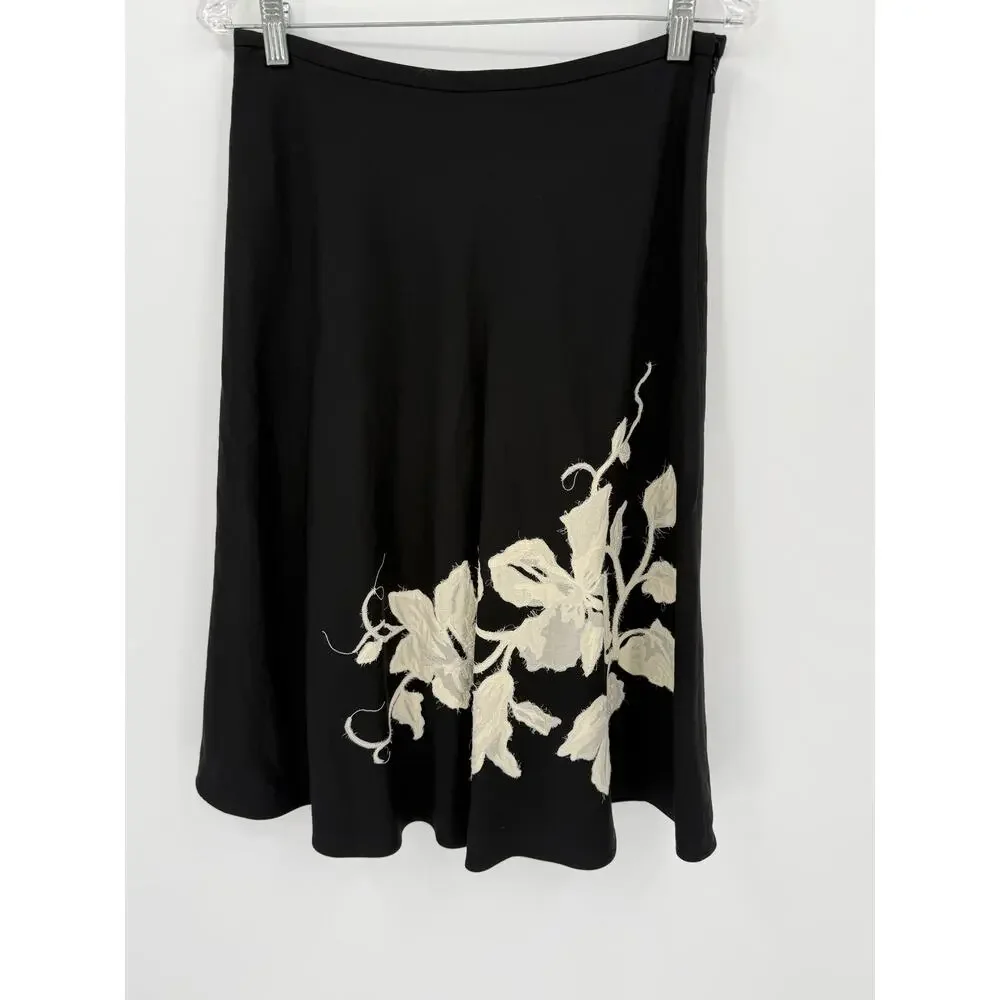 Ellen Tracy Women's Size 8 Black Floral Appliqué Midi A-Line Skirt NWT Ret $398
